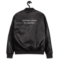 "NOTHING GROWS IN COMFORT" Leather Bomber Jacket - AMAZEA