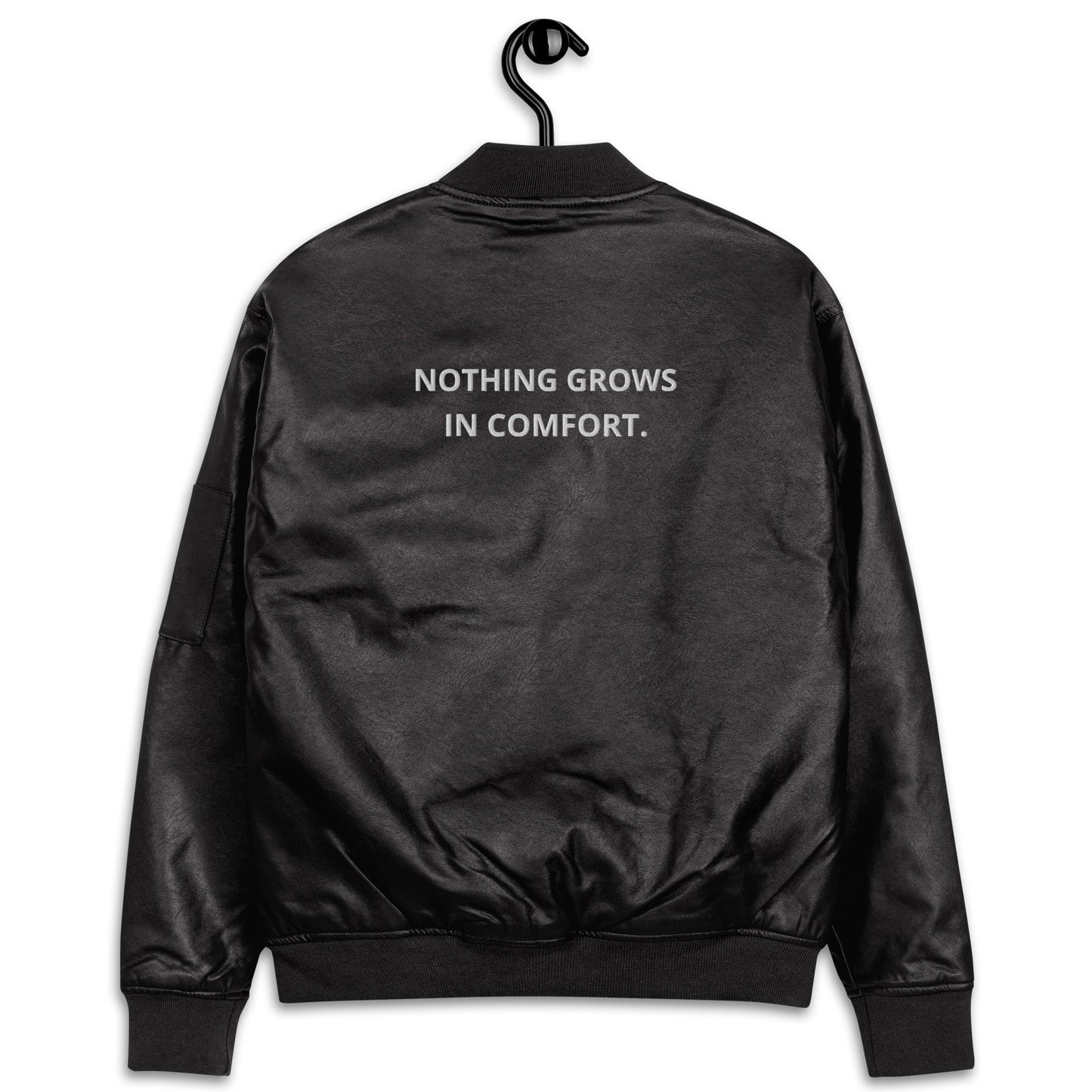 "NOTHING GROWS IN COMFORT" Leather Bomber Jacket - AMAZEA
