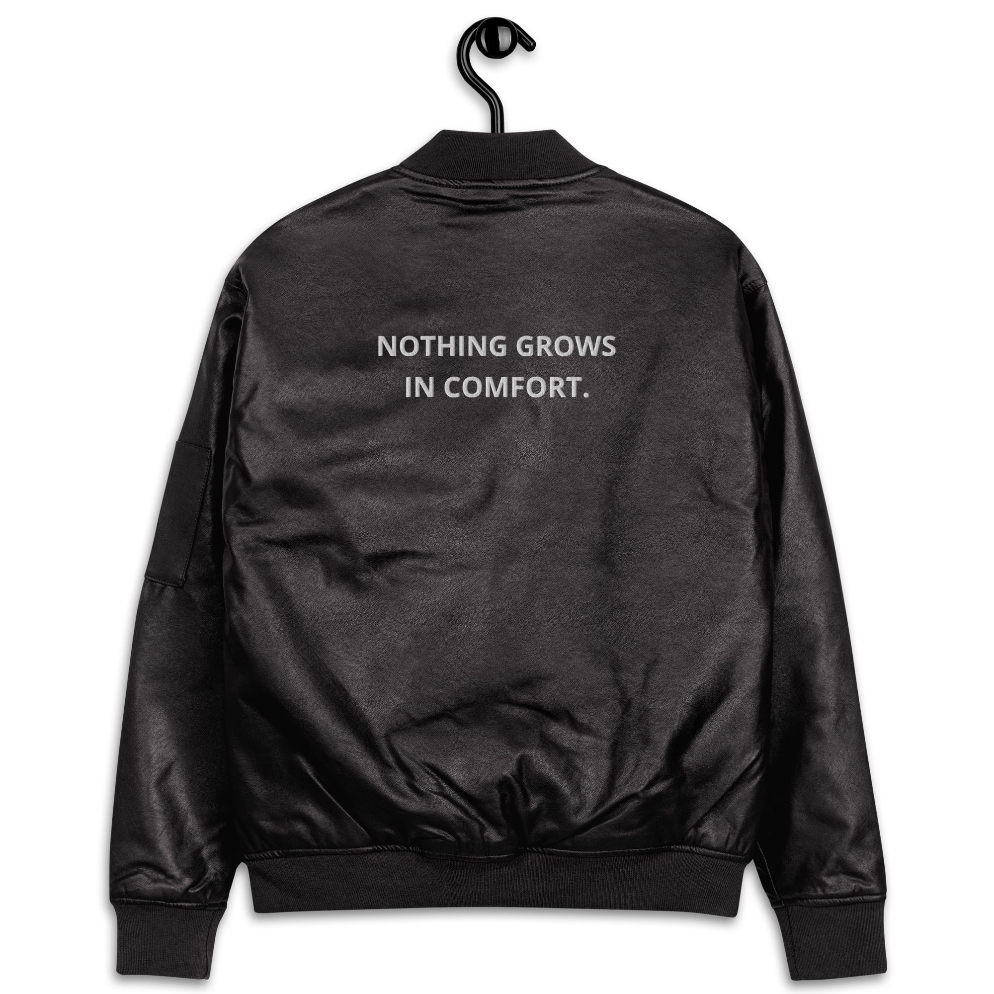 "NOTHING GROWS IN COMFORT" Leather Bomber Jacket - AMAZEA